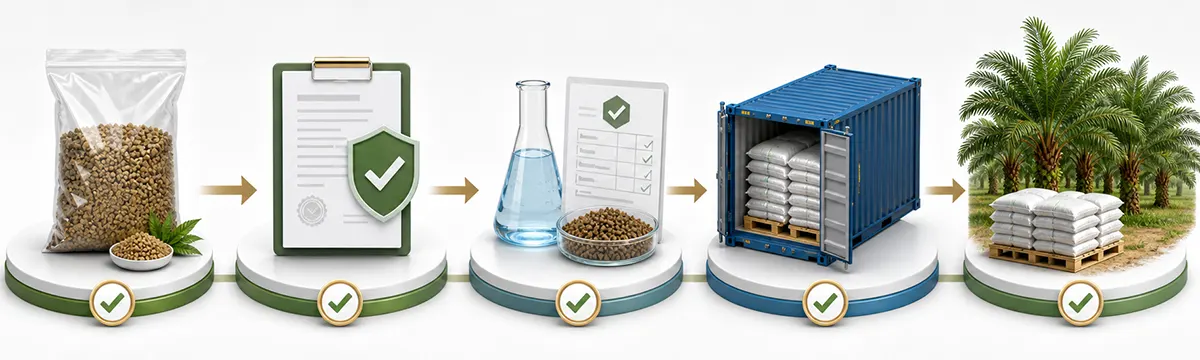 Bulk organic fertilizer sourcing workflow from sample testing to plantation delivery