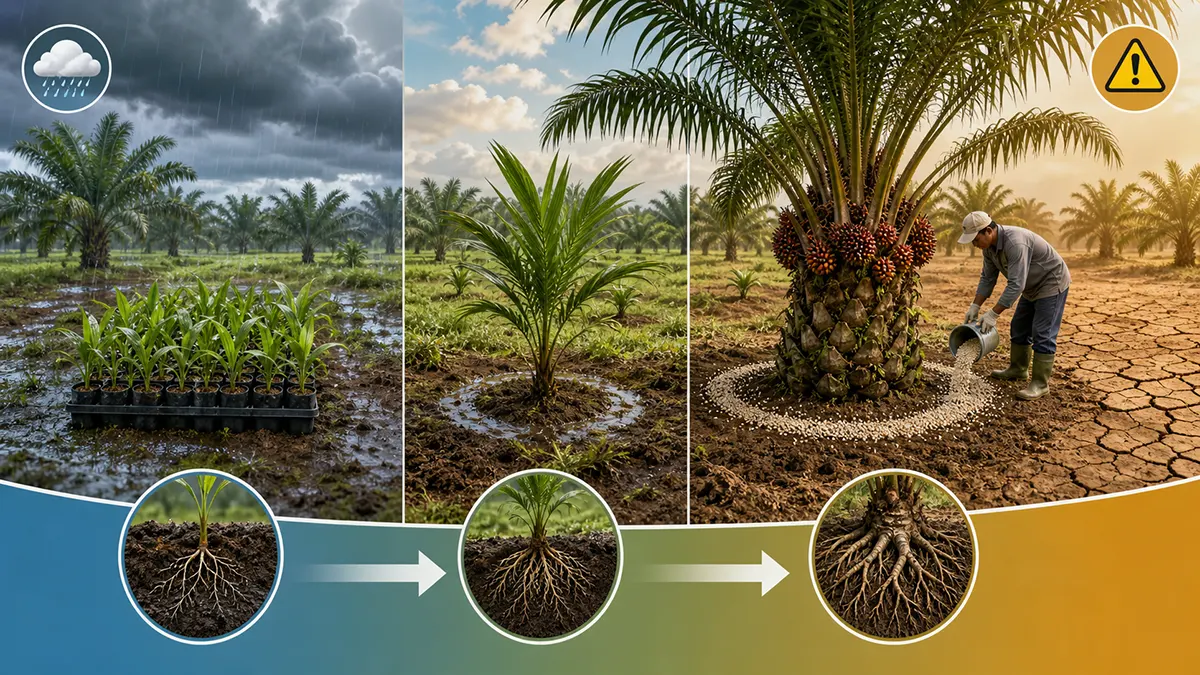Oil palm fertilizer application timing across nursery, young palm, and mature palm stages