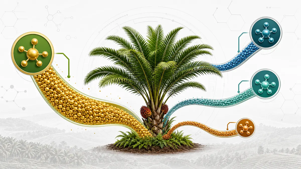 Visual diagram showing potassium-led nutrient planning for mature oil palm