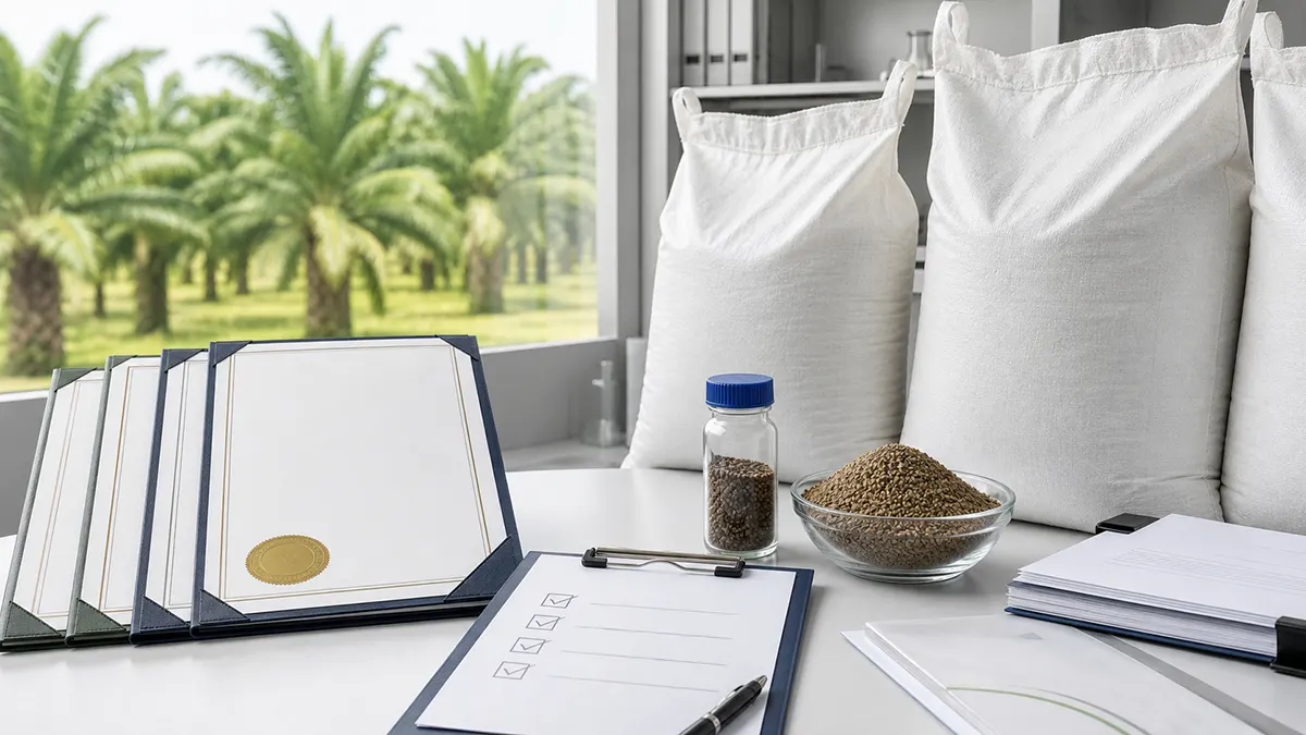 Organic fertilizer certification documents, COA files, lab sample, and fertilizer granules