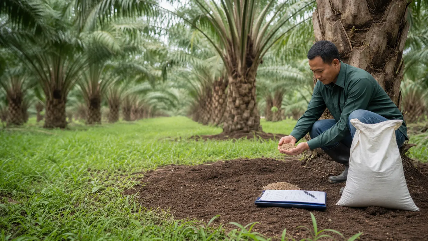 Bulk organic fertilizer sourcing workflow from sample testing to plantation delivery