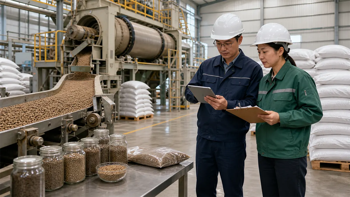 Organic fertilizer factory audit with inspectors reviewing production and retained samples