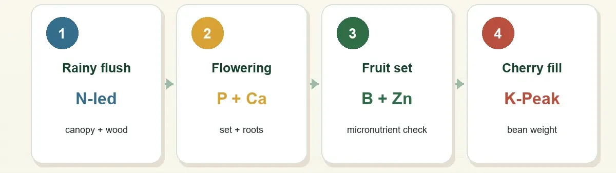 Four-window coffee feeding map from rainy flush to cherry fill potassium peak