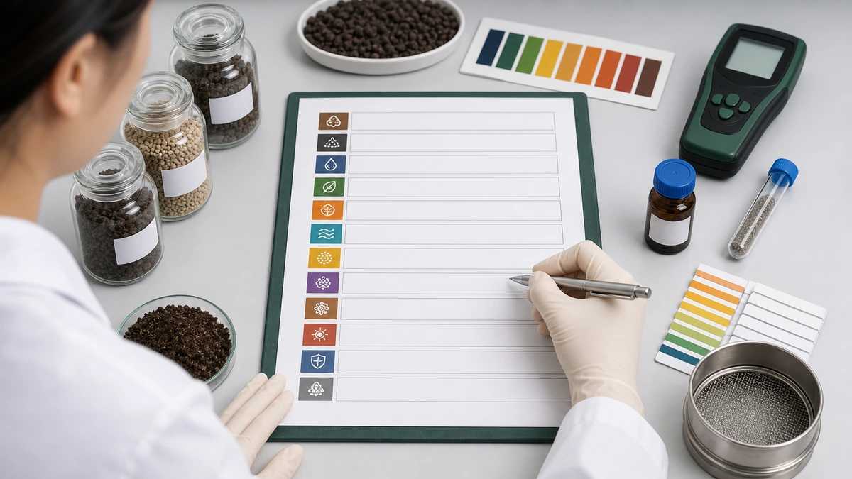 Organic fertilizer COA checklist with lab tools and fertilizer samples for line by line verification