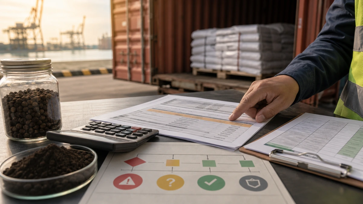 Export documents, calculator, fertilizer sample, and shipping container showing the cost risk of a bad COA