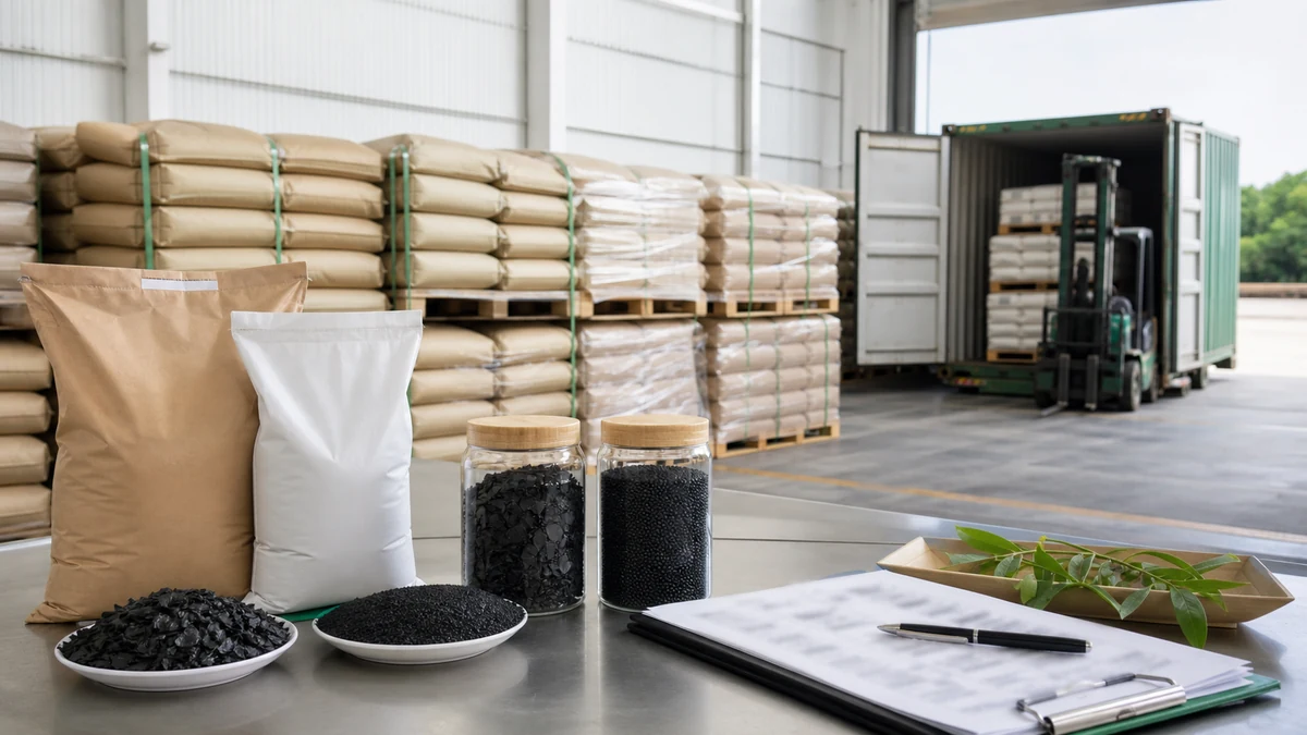 Bulk potassium humate and humic acid samples with palletized 25 kg bags ready for export shipment