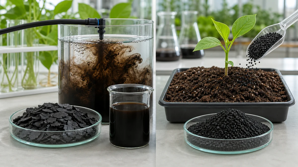Potassium humate dissolving for fertigation beside raw humic acid granule applied to soil