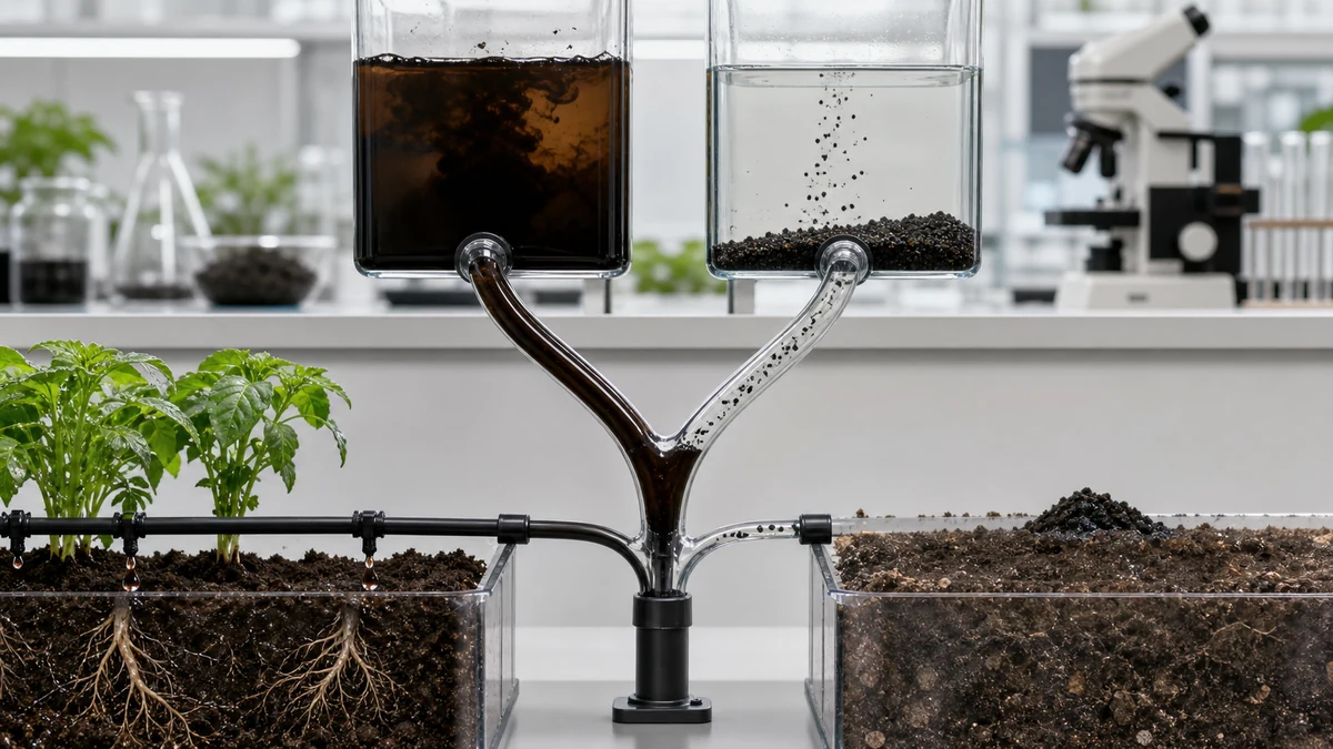 Solubility fork showing soluble potassium humate flowing through drip irrigation and raw humic acid settling for soil use