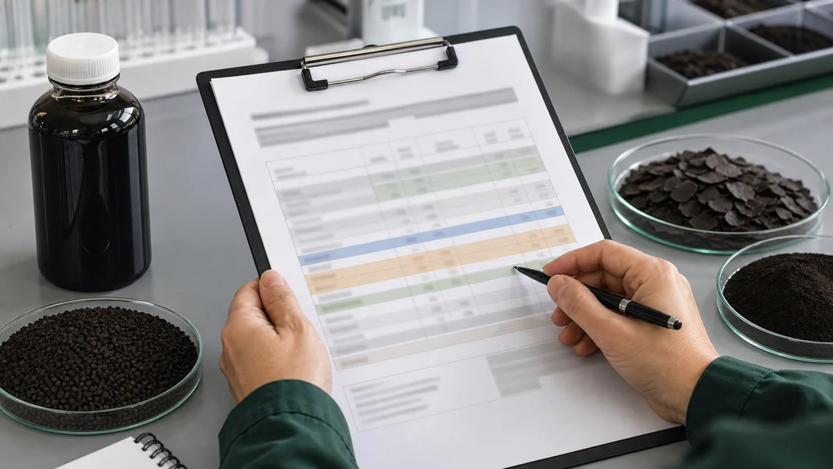 Inspector checking moisture and solubility lines on a humic acid certificate of analysis