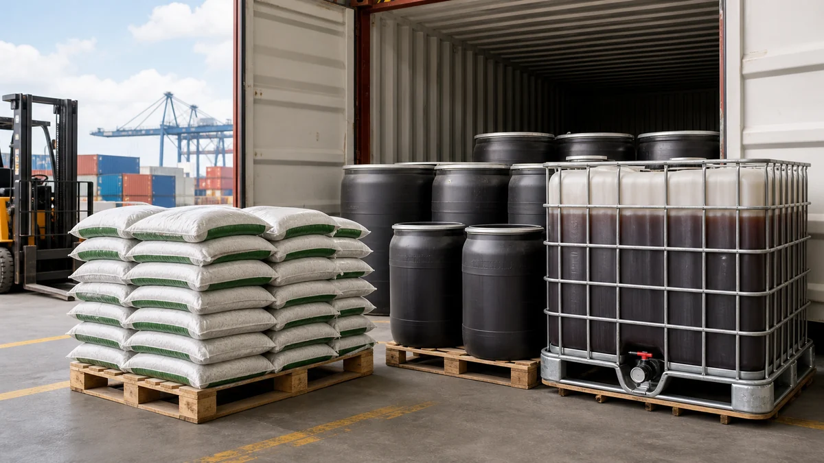 Bagged dry humic flake beside drums of liquid humic acid showing freight difference