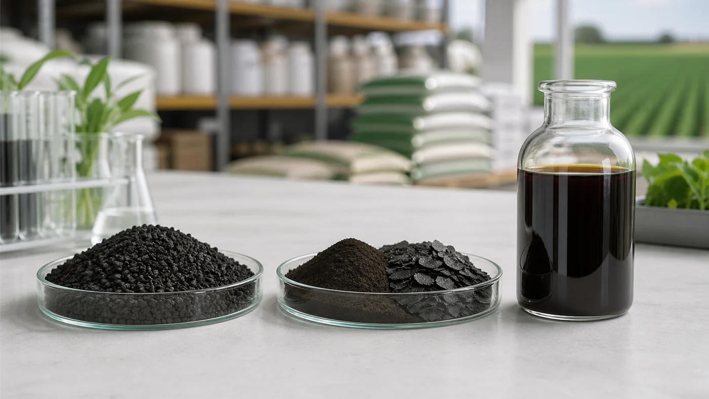 Granular, powder, and liquid humic acid side by side showing the three forms
