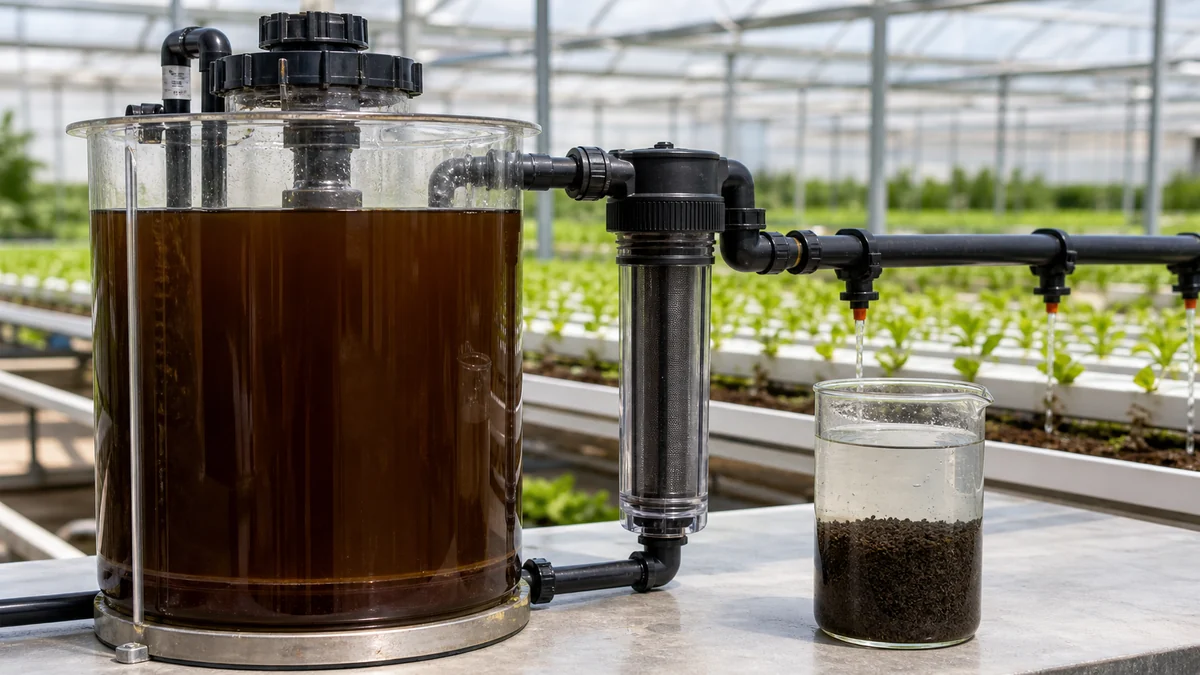 Soluble humic flake dissolving in a fertigation tank next to settled granular humic acid