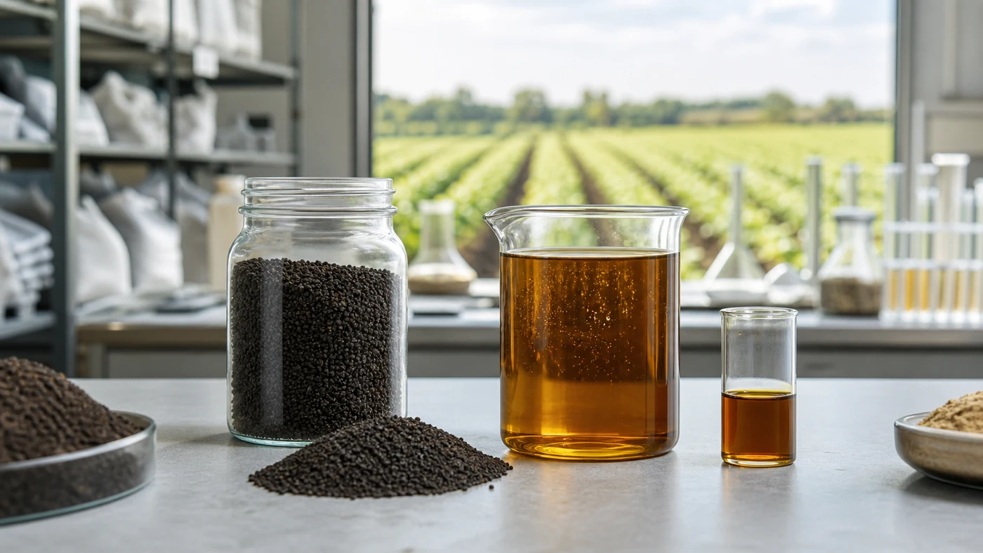 Humic acid granule and fulvic acid solution compared side by side for sourcing