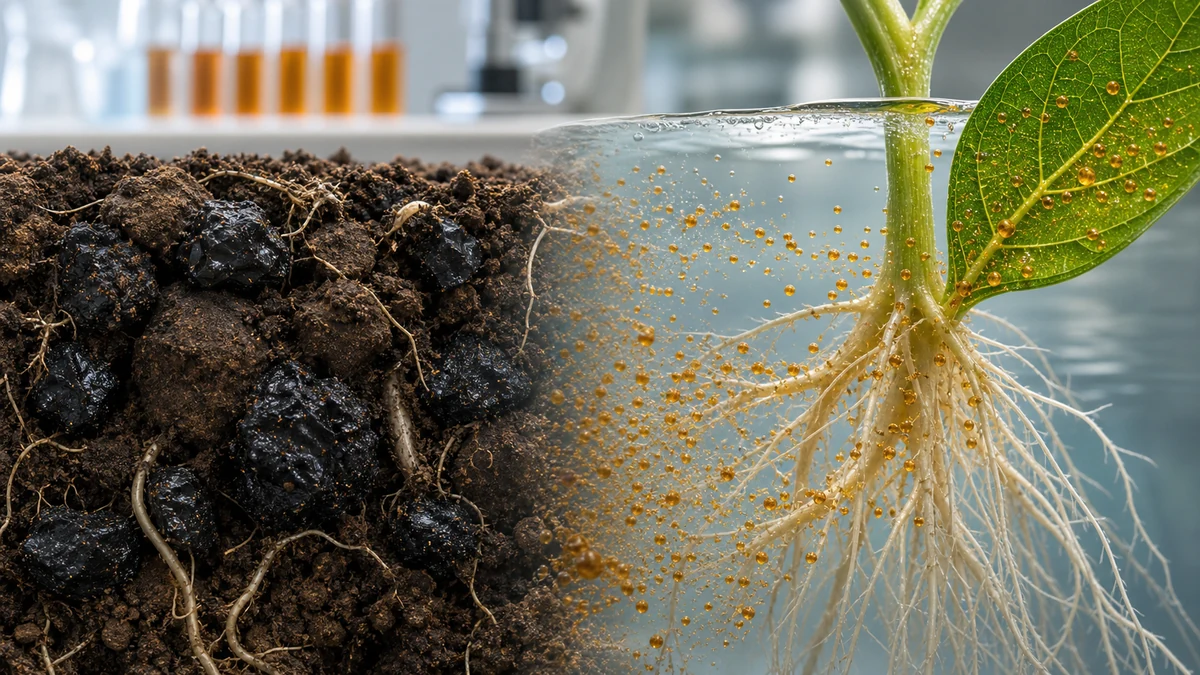 Large humic acid particles in soil compared with small soluble fulvic acid particles moving through roots and leaves