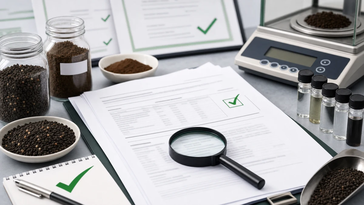 Organic garden fertilizer COA and certificate review with fertilizer samples and lab testing vials