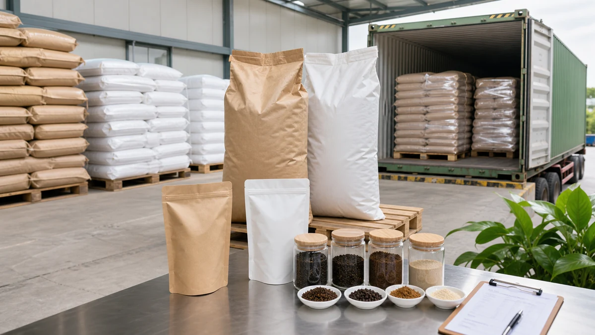 Bulk organic garden fertilizer packaging, private-label pouches and export container loading