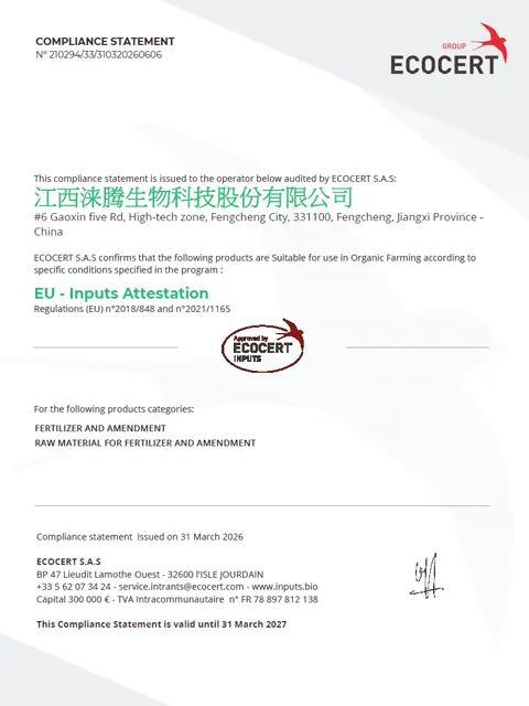ECOCERT EU 2018/848 inputs attestation for Rutom Bio guano, valid until 31 March 2027