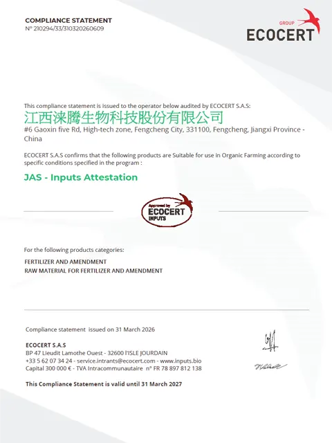 ECOCERT JAS inputs attestation for Rutom Bio guano, valid until 31 March 2027