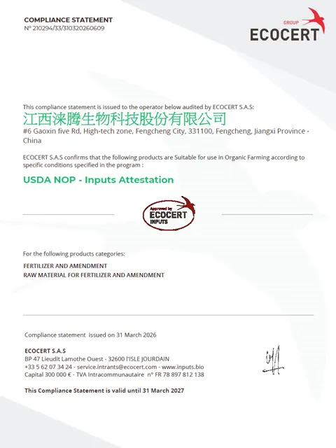 ECOCERT USDA NOP inputs attestation for Rutom Bio guano, valid until 31 March 2027