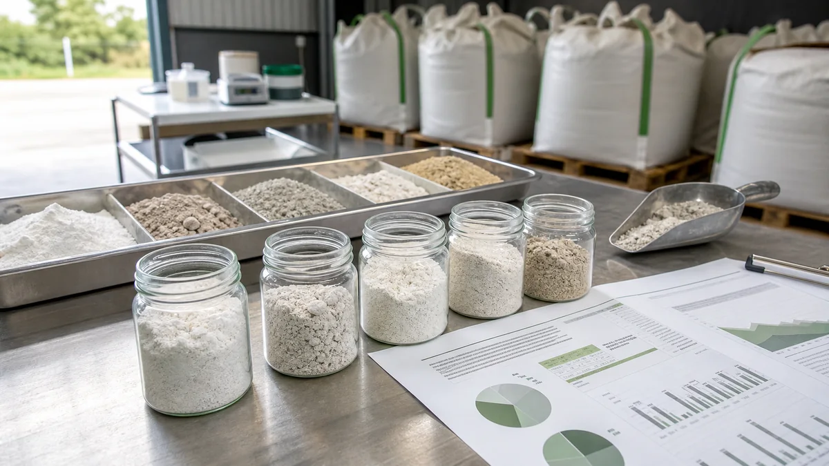 Multiple seabird guano batch samples beside a certificate of analysis in a quality control area