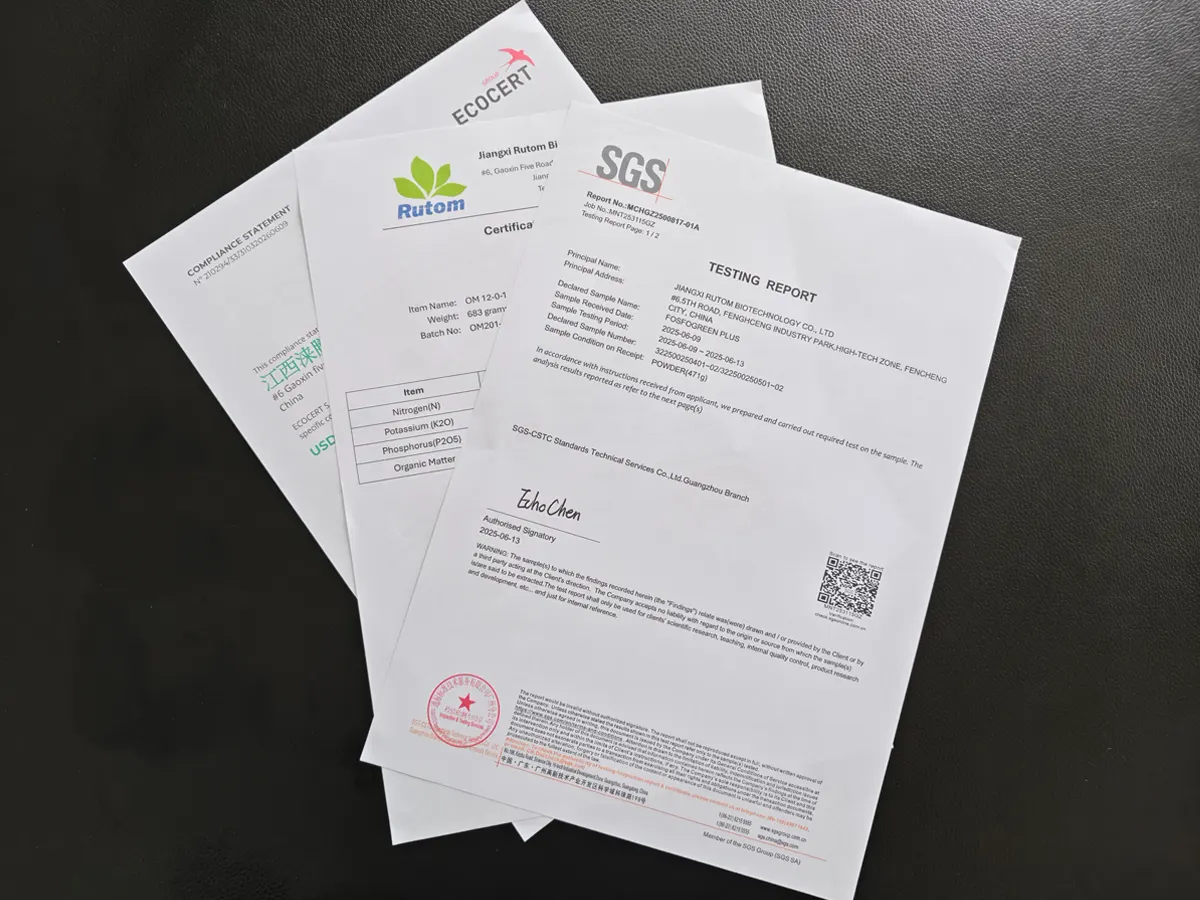 ECOCERT compliance statement, Rutom batch certificate of analysis and SGS-CSTC third-party test report for a seabird guano lot laid out together