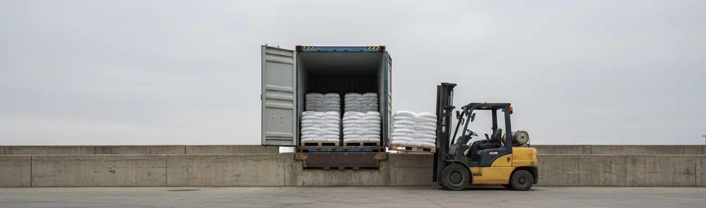 Forklift loading pallets of bagged seabird guano into a 20 ft shipping container at the loading bay
