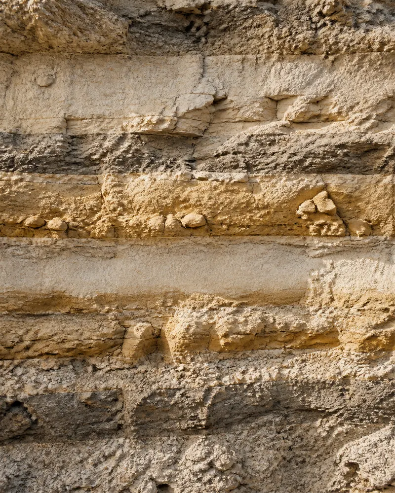 Cross section of a layered mineral deposit showing cream, ochre and grey bands, the geological reason calcium runs 28 to 40 percent CaO between lots