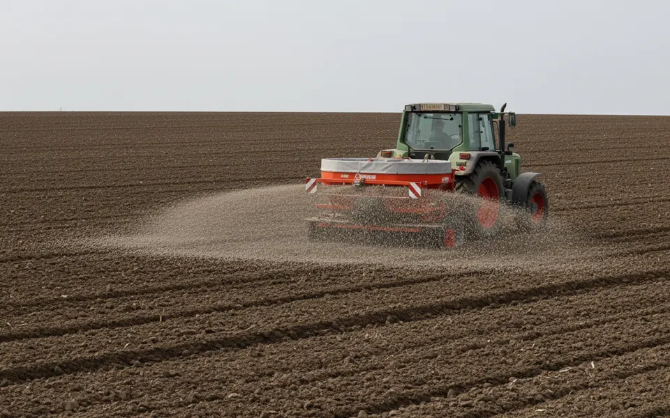 Tractor-mounted spinner spreader broadcasting granular fertilizer across tilled soil for base application of 2 to 4 mm seabird guano
