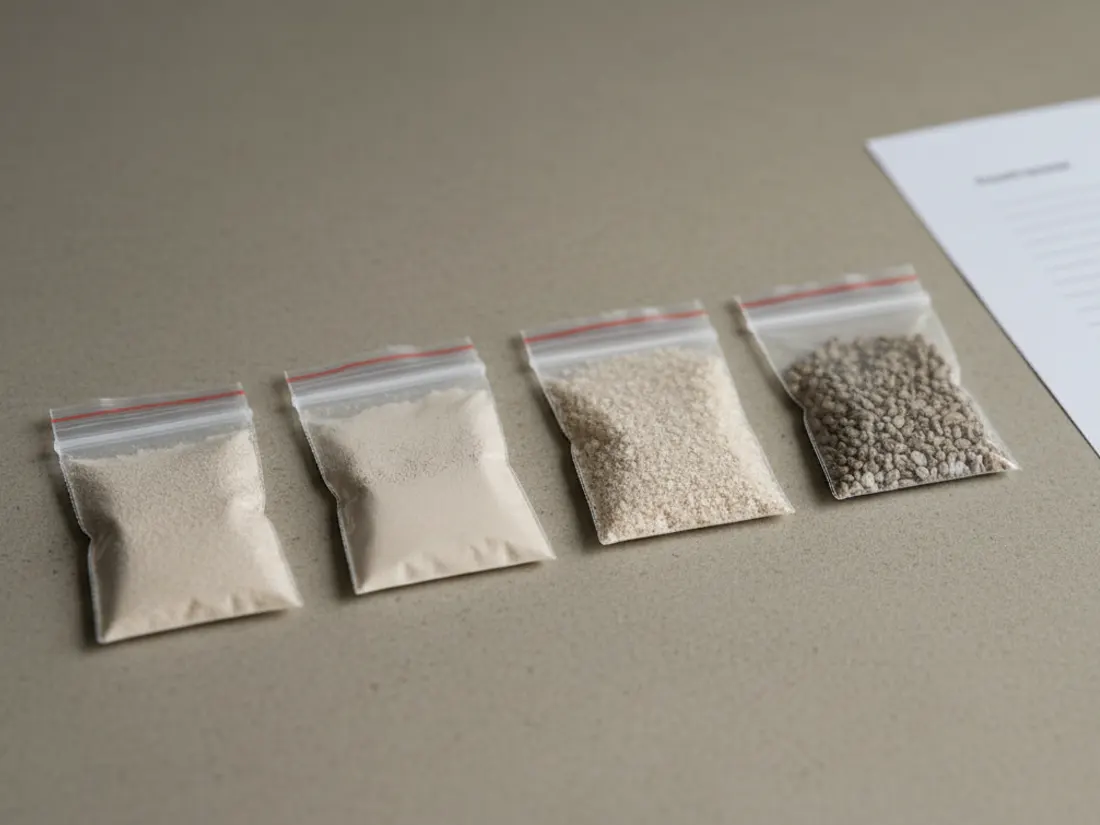 Four sample pouches of seabird guano grades, three powders and one granular, laid beside the printed batch certificate of analysis