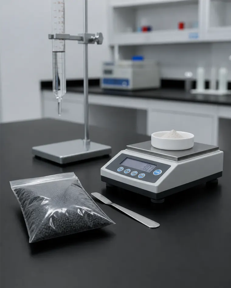 Analytical balance weighing a seabird guano powder sample beside a sealed granule sample bag, spatula and burette on a laboratory bench